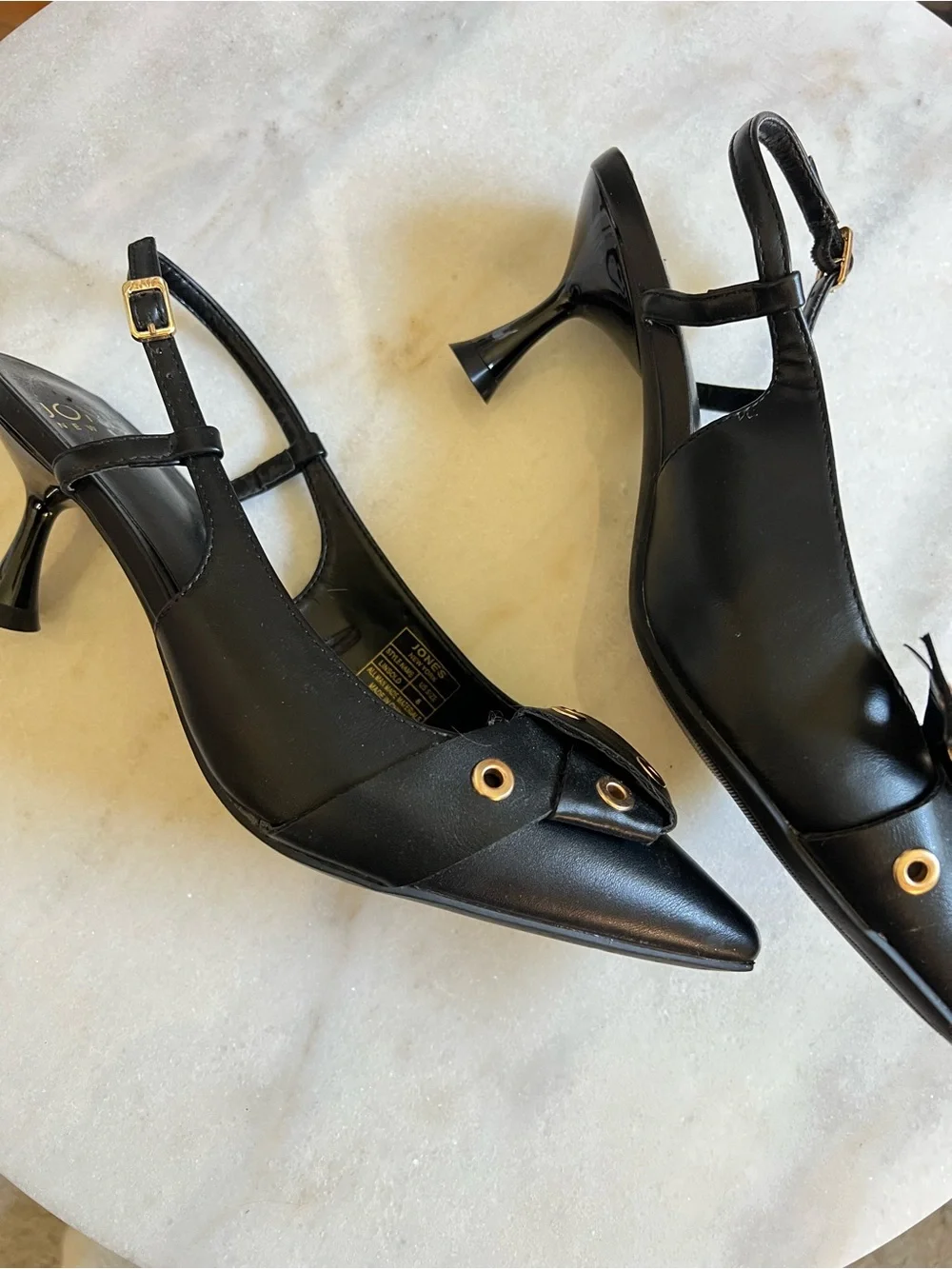 Jones New York Black Pointed-Toe Slingback Heels with Gold Eyelet Bow Detail